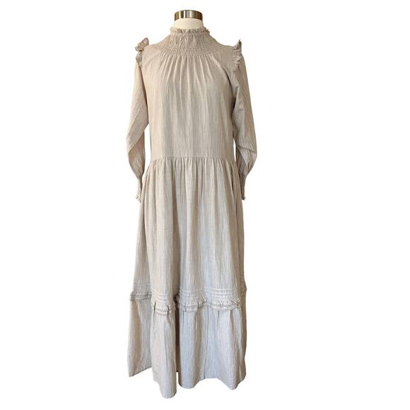 ROLLER RABBIT Maxi Dress Delfia Beige Ruffle Trim High Neck Long Sleeves Small - Picture 1 of 11